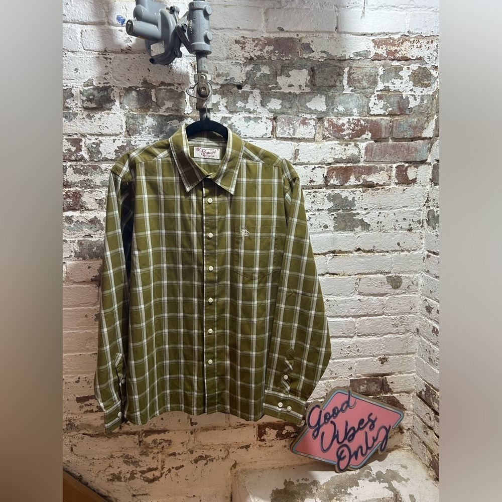 Mens Original Penguin by Munsingware olive and white check button down, Size XL